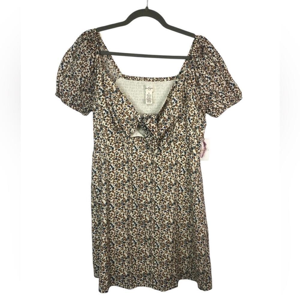 Jessica Simpson Floral Black and Brown Dress Front Tie Smocked Bodice